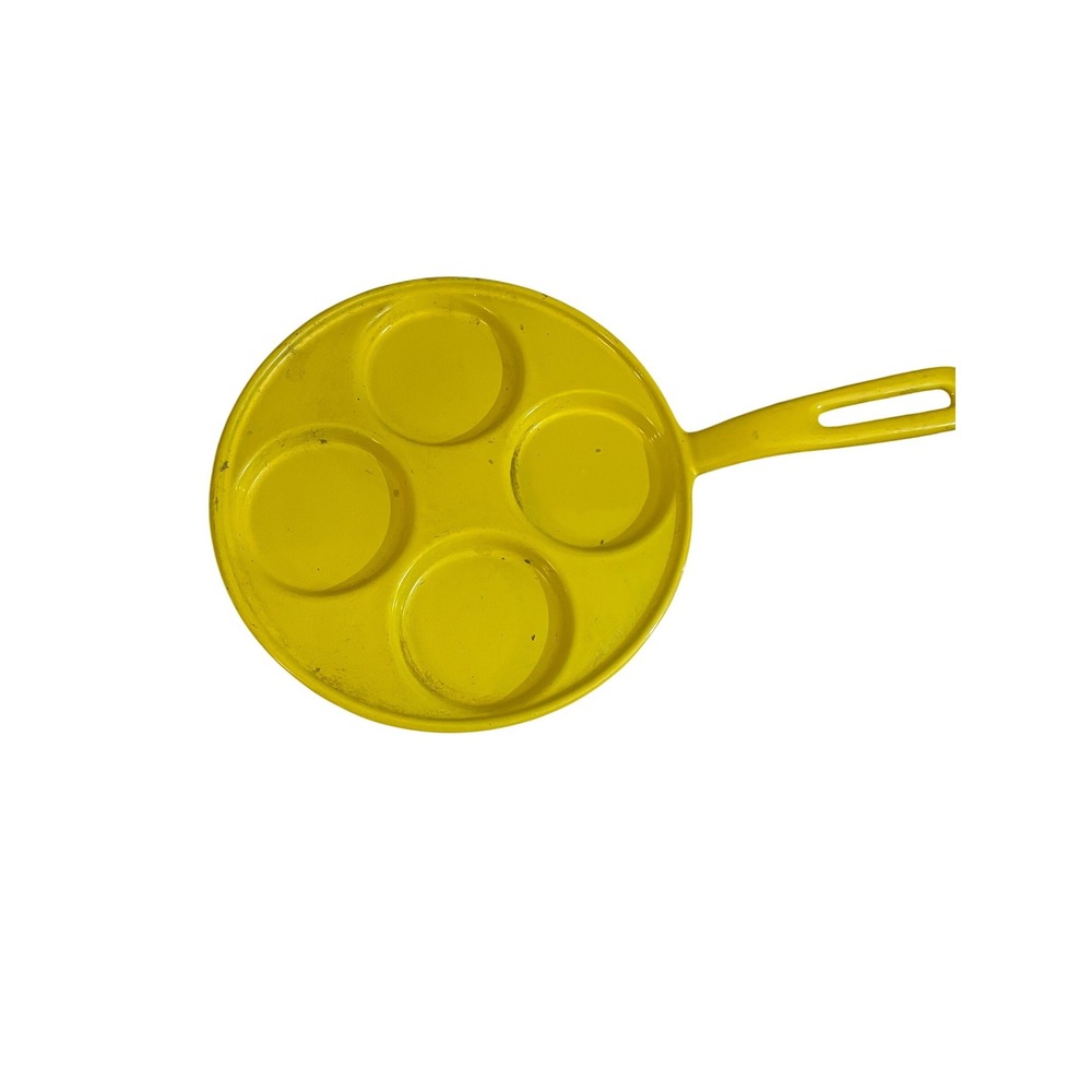 Vintage Yellow Enamel Cast Iron 4-Well Egg Pancake Pan Skillet Rustic Decor